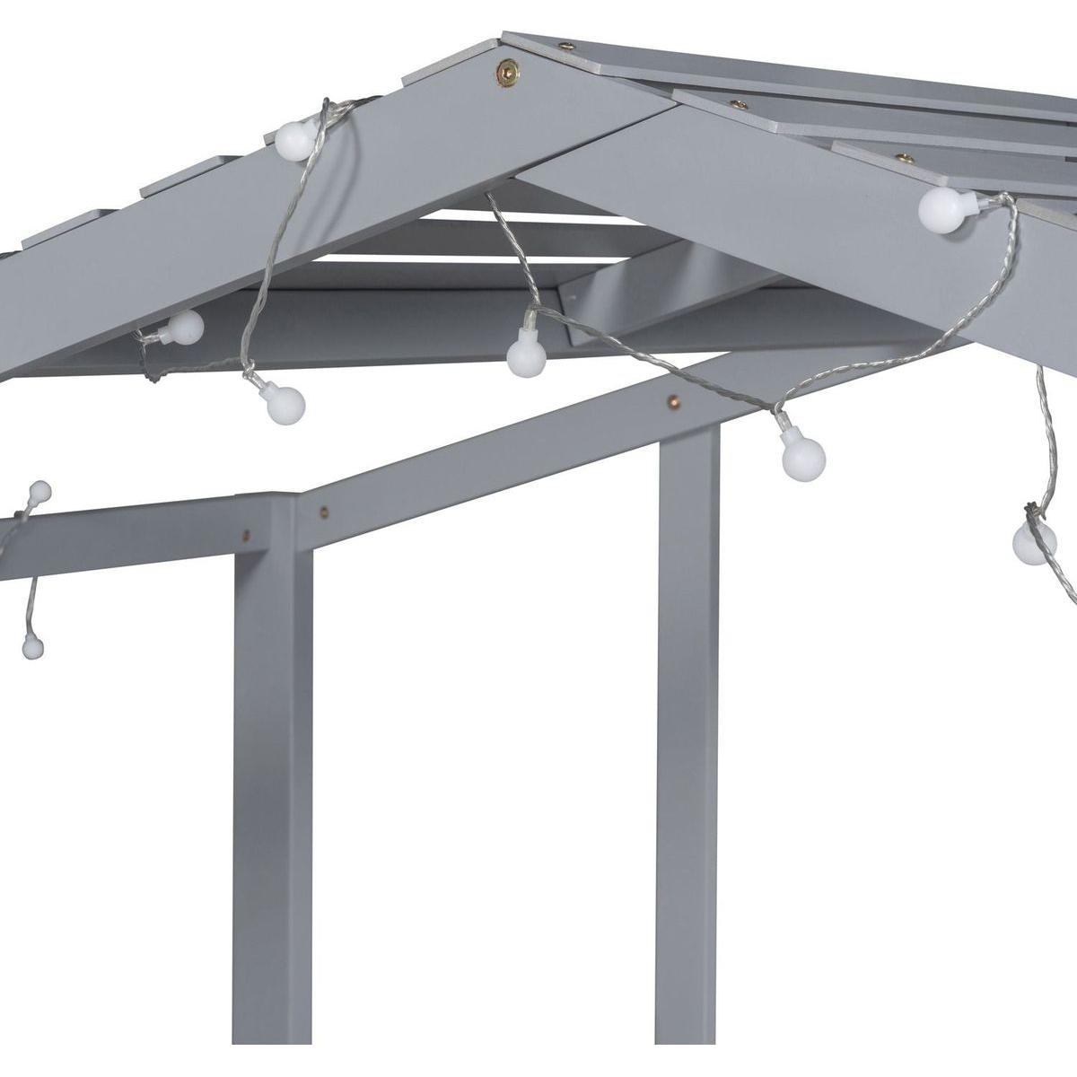 Twin Size Loft Bed with Ladder and Slide, House Bed with Blackboard and Light Strip on the Roof, Gray
