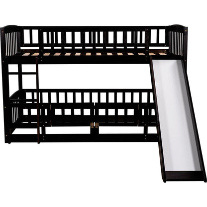 Bunk Bed with Slide,Twin Over Twin Low Bunk Bed with Fence and Ladder for Toddler Kids Teens Espresso