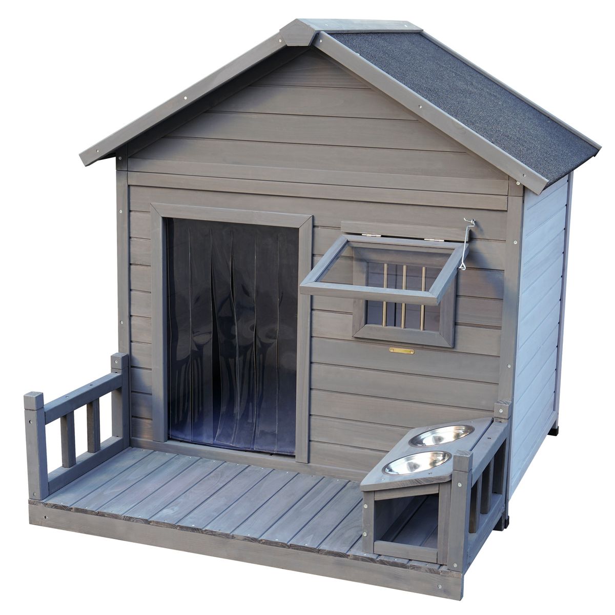 Large balcony doghouse, 44.2' long x 44.6' wide x 44.6' high solid wood asphalt roof dog house for large dogs with large terrace, weatherproof large dog house,Complimentary a good cleaning mat