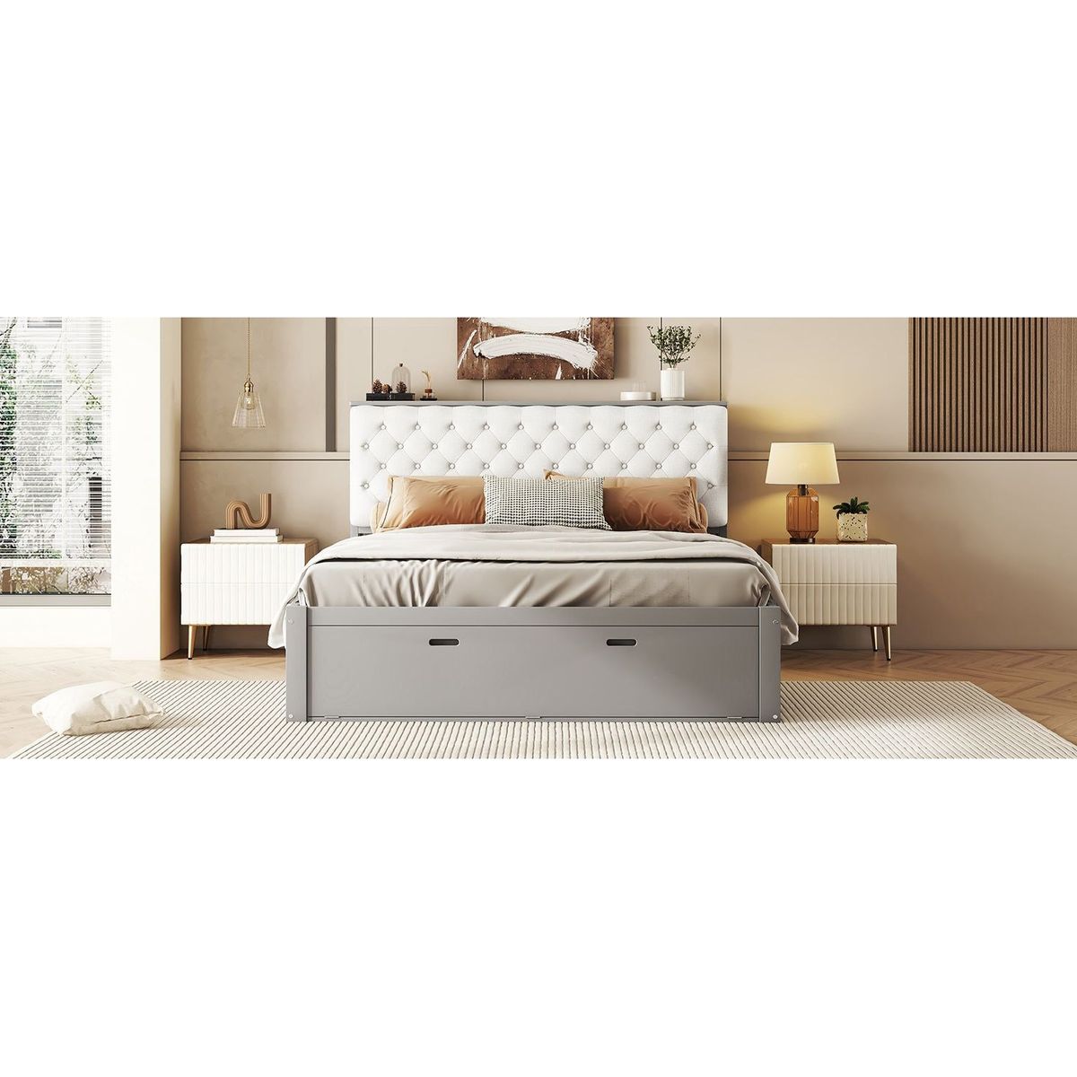 Wood Queen Size Platform Bed with Storage Headboard, shoe rack and 4 drawers,Gray
