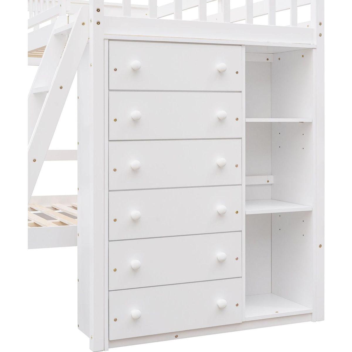 Wooden Twin Over Full Bunk Bed With Six Drawers And Flexible Shelves,Bottom Bed With Wheels,White