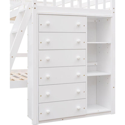 Wooden Twin Over Full Bunk Bed With Six Drawers And Flexible Shelves,Bottom Bed With Wheels,White
