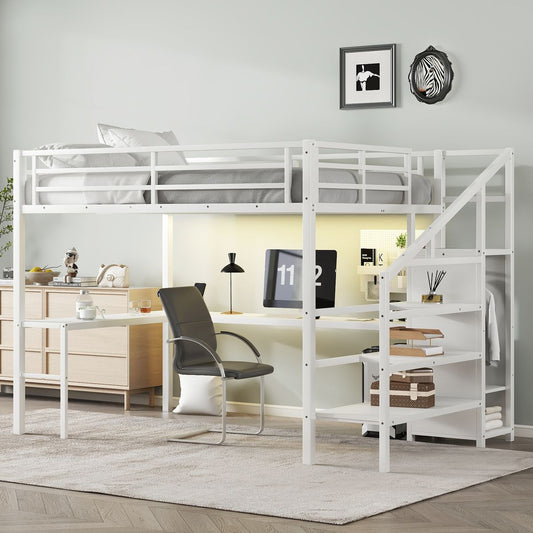 Queen Size Loft Bed with L-shaped Desk and USB, Metal Loft Bed with Wardrobe and Adjustable Shelf, High Loft Bed with LED for Kids Teens Adults, White