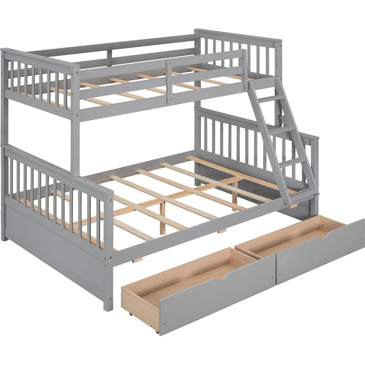 Twin-Over-Full Bunk Bed with Ladders and Two Storage Drawers(Gray){o