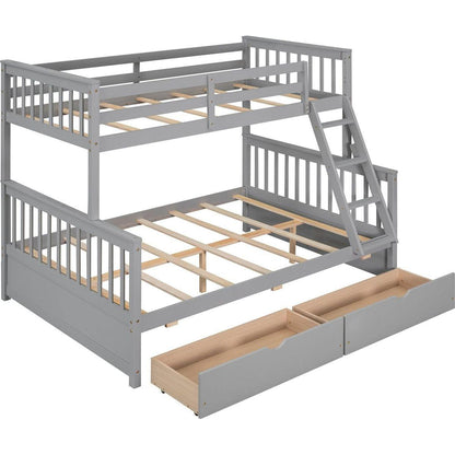Twin-Over-Full Bunk Bed with Ladders and Two Storage Drawers(Gray){o