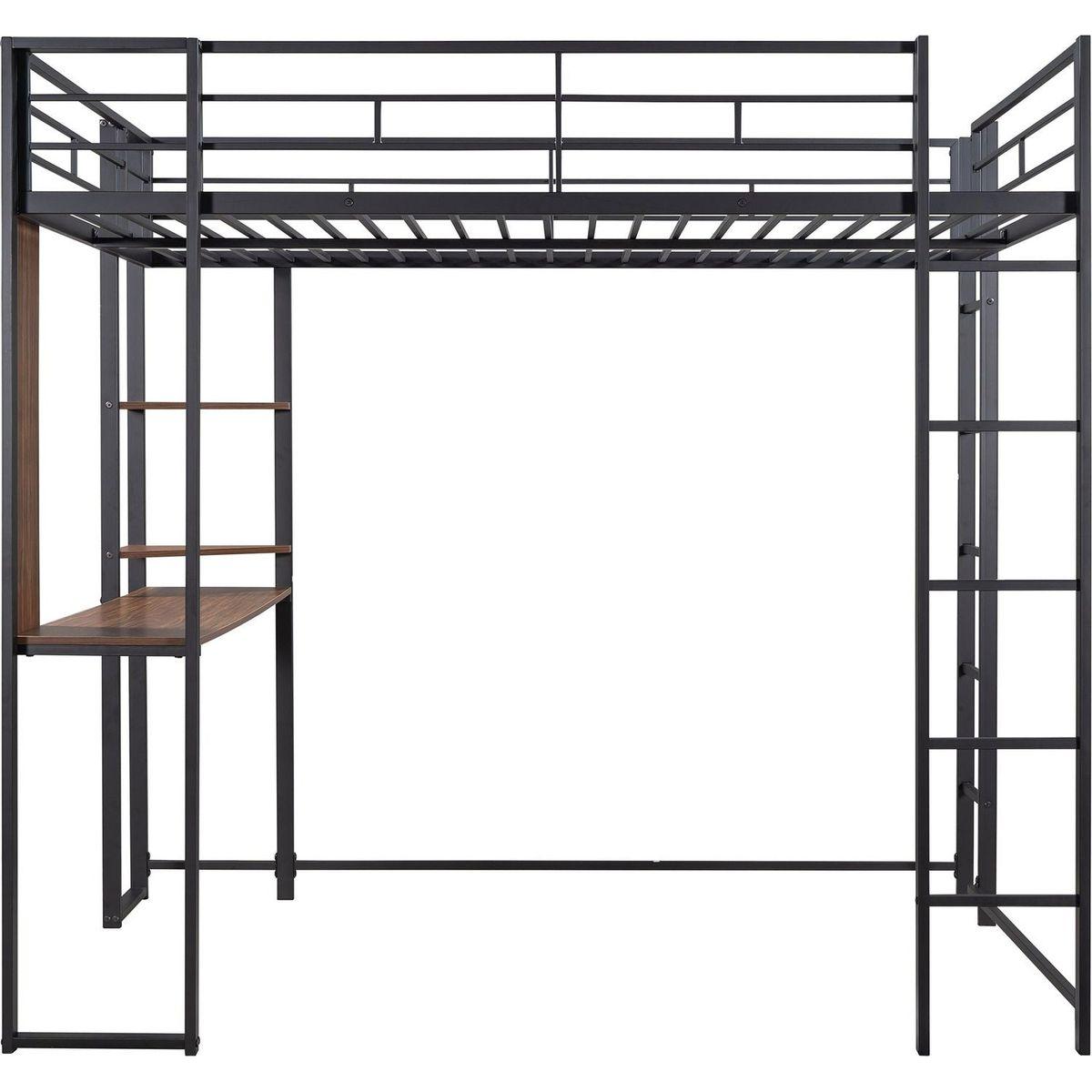 Full Size Metal Loft Bed with 2 Shelves and one Desk, Black