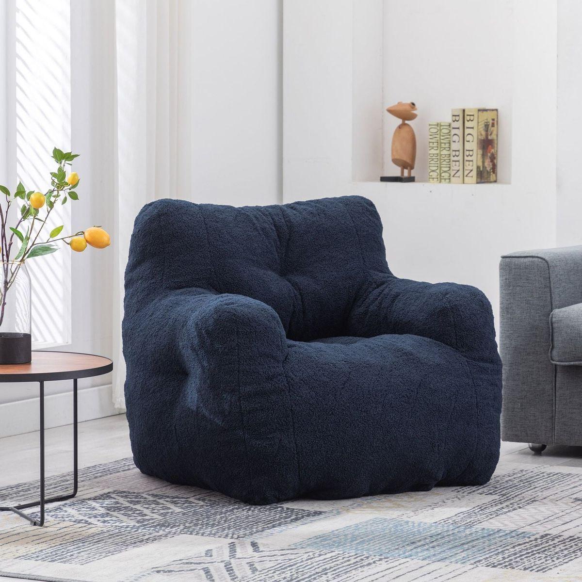 Soft Tufted Foam Bean Bag Chair With Teddy Fabric Dark Blue
