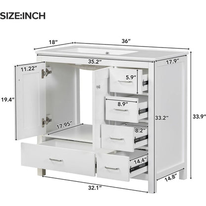 36" White Bathroom Vanity with Ceramic Sink Combo, Abundant Storage Cabinet -2 Soft-close doors and 5 drawers