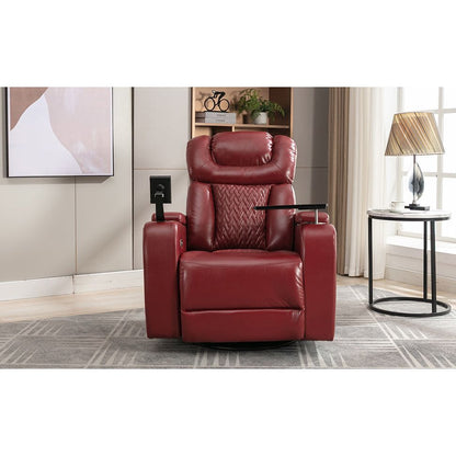 270 Degree Swivel PU Leather Power Recliner Individual Seat Home Theater Recliner with Comforable Backrest, Tray Table, Phone Holder, Cup Holder, USB Port, Hidden Arm Storage for Living Room, Red