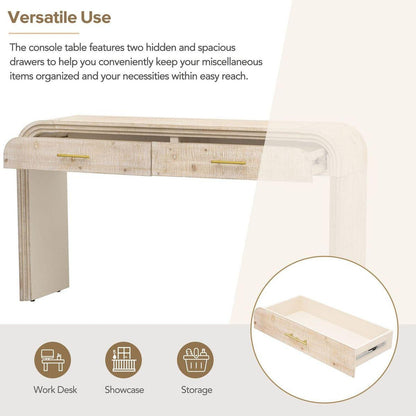 Unique Retro Silhouette Console Table with Open Style, Two Top Drawers for Entrance, Dining Room, Living Room (Natural Wood Wash)