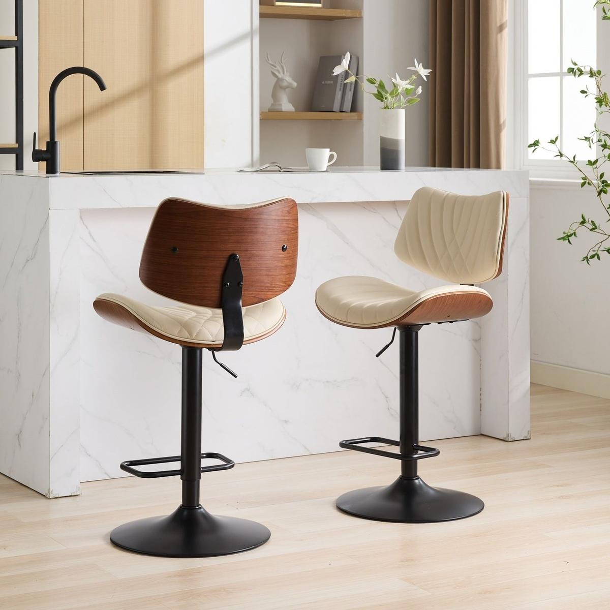 Walnut Bentwood Bar Stools Mid Century Modern Adjustable Counter Height Black Leather Upholstered 360Swivel Bar Chairs for Kitchen Island/Dining Room/Cafe, 1 chair/1carton,Beige
