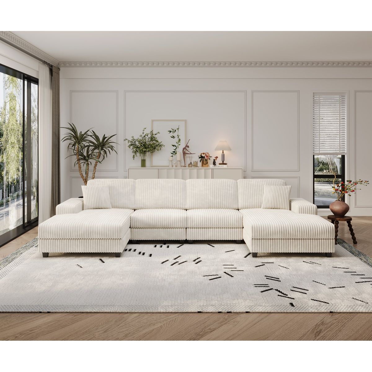 Convertible U-shaped Combination Sofa, Corduroy Fabric, Modern Comfortable Large Size 4 Seat Sofa, Living Room Double Lounge Chair,Beige