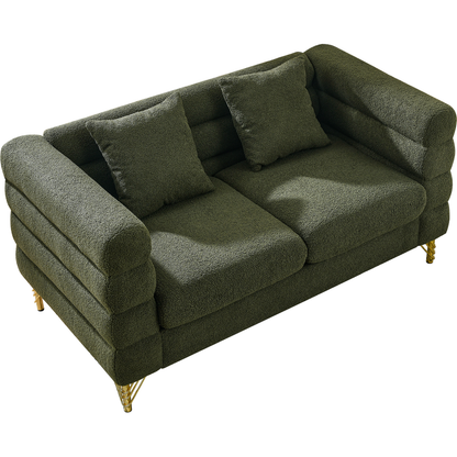 60Inch Oversized 2 Seater Sectional Sofa, Living Room Comfort Fabric Sectional Sofa-Deep Seating Sectional Sofa, Soft Sitting with 2 Pillows for Living Room, Bedroom, Office, Green teddy