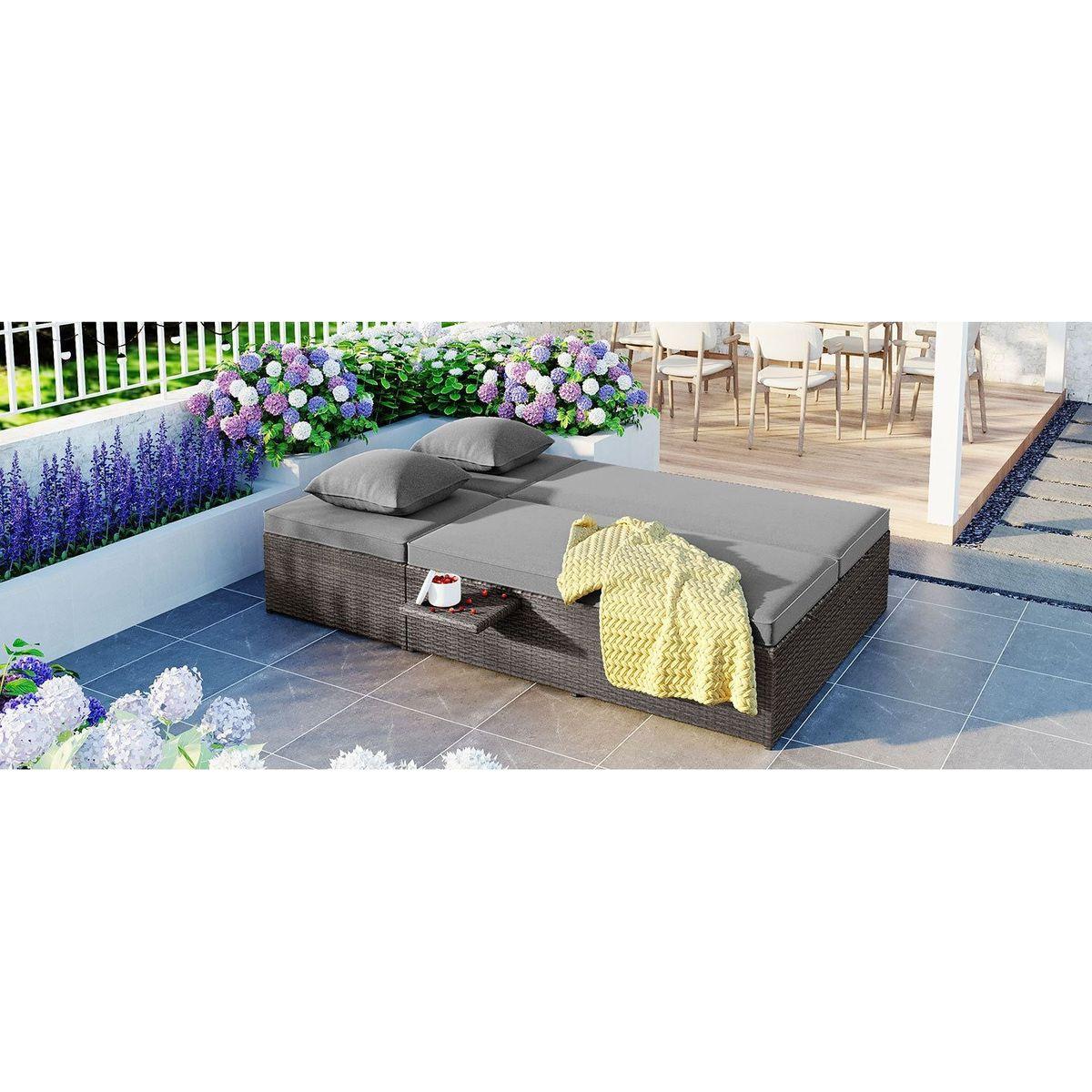 Outdoor Double Sunbed, Wicker Rattan Patio Reclining Chairs with Adjustable Backrest and Seat, Conversational Set for 2 Person, Gray