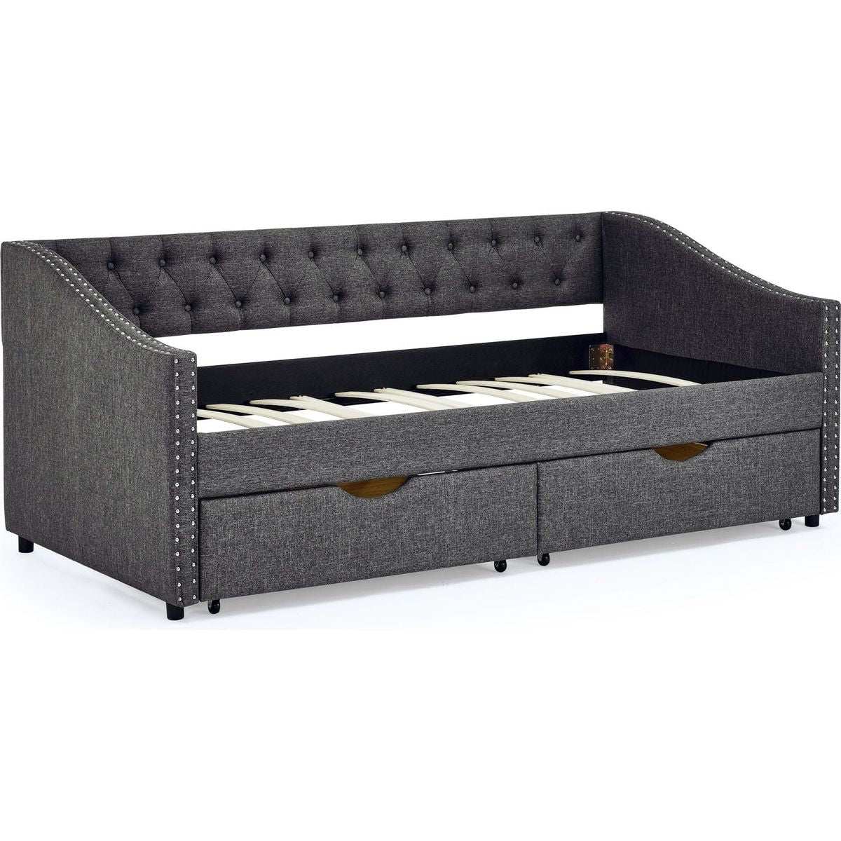 Twin Size Daybed with Drawers Upholstered Tufted Sofa Bed, with Button on Back and Copper Nail on Waved Shape Arms(81.5"x4"x30.5")