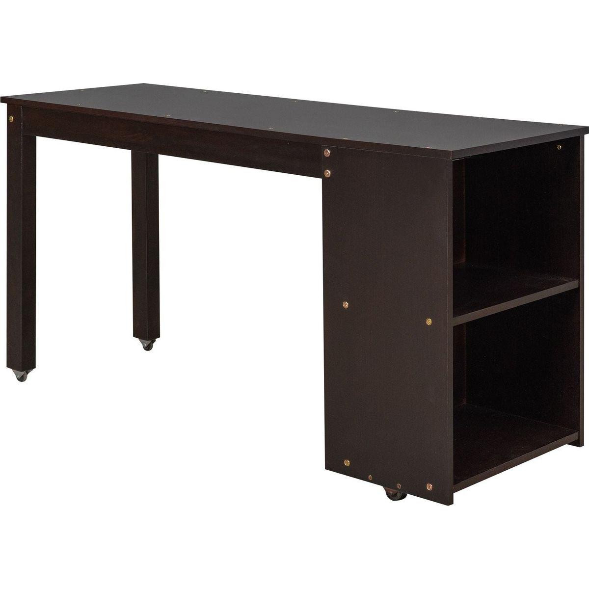 Low Study Full Loft Bed with Cabinet, Shelves and Rolling Portable Desk, Multiple Functions Bed- Espresso