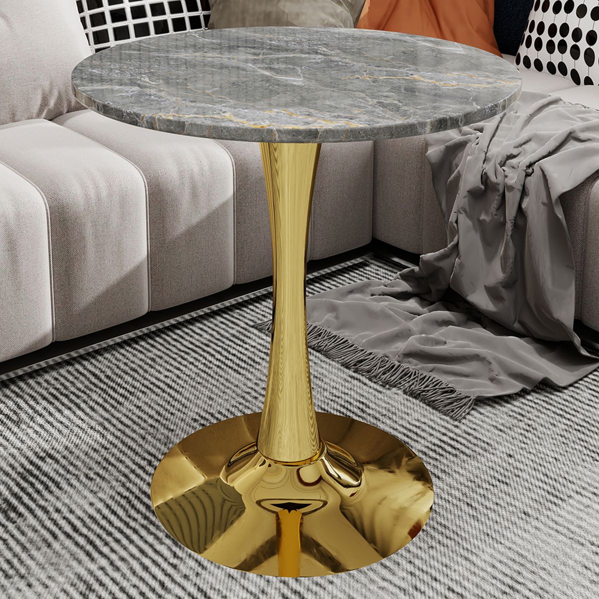 27.6-inch gold coffee table, mid-century modern style dining table, accommodates 2-4 people, featuring a round dark gray textured marble tabletop, suitable for various settings.