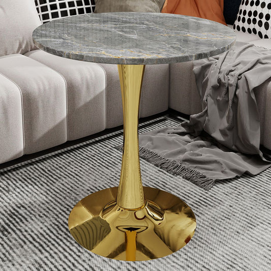 27.6-inch gold coffee table, mid-century modern style dining table, accommodates 2-4 people, featuring a round dark gray textured marble tabletop, suitable for various settings.