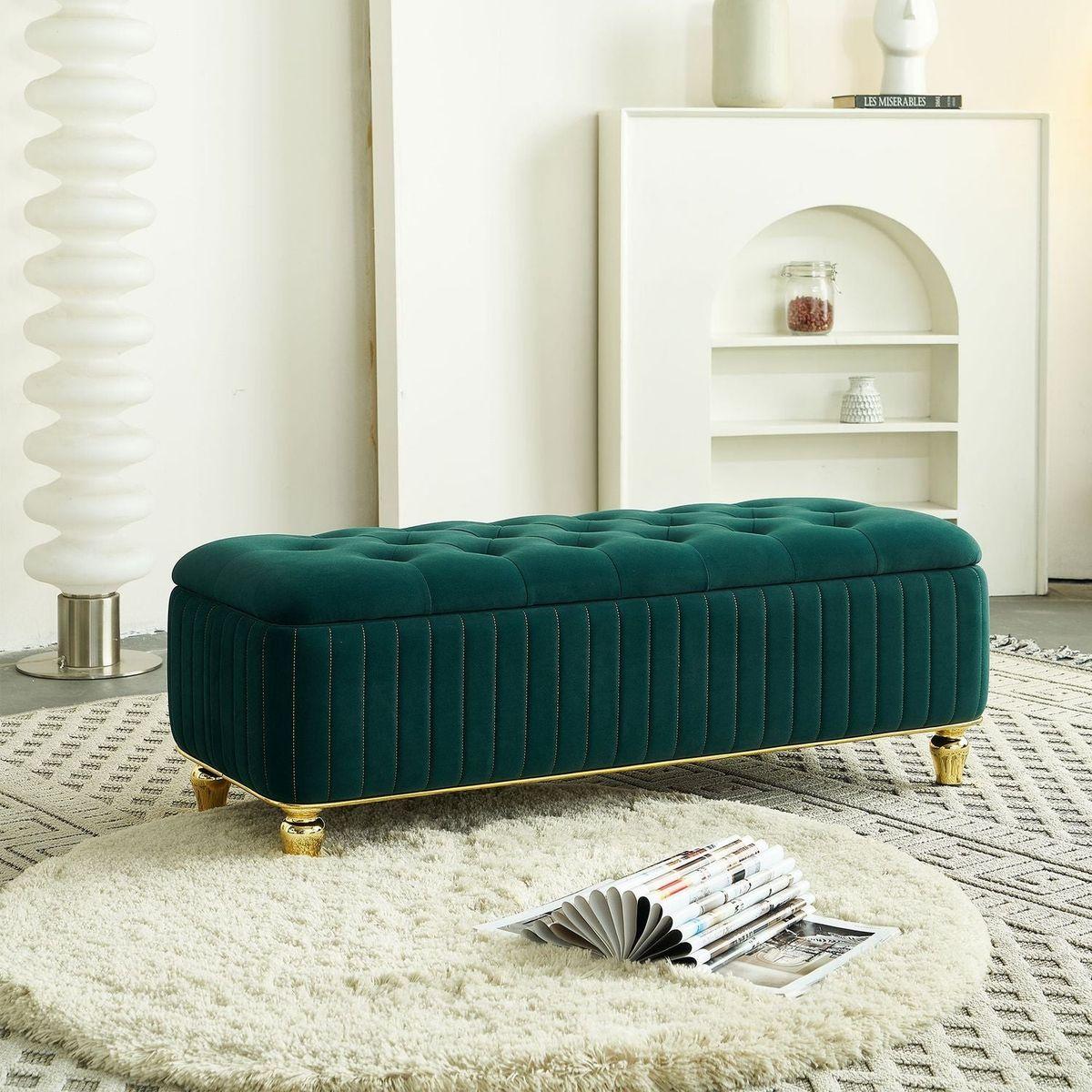 47.24"W Storage Ottoman,Upholstered Velvet Fabric Storage Ottoman with Safety Hinge, gold decoration strip and gold embroidery Footstool, Ottoman Bench for Living Room & Bedroom,Green Color