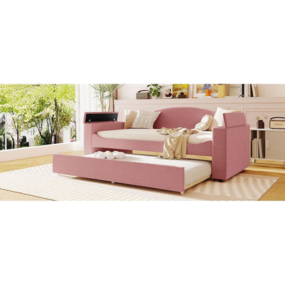 Twin Size Upholstered Daybed with Storage Armrests, Trundle and Latest Integrated Bluetooth Audio System, Teddy Fleece, Pink