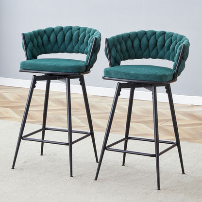 Two rotating bar stools with breathable cotton and linen soft cushions, in a retro green seat and black spray-painted iron frame, suitable for both restaurants and bars