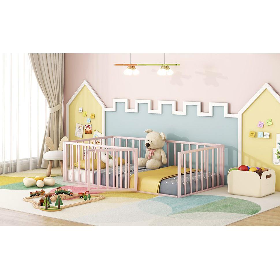 Twin Size Metal Floor Bed Frame with Fence and Door, Pink