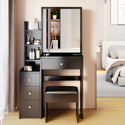 Small Space Left Bedside Cabinet Vanity Table + Cushioned Stool, Extra Large Right sliding mirror, Multi Layer High Capacity Storage, Practical Fashionable Dresser, Suitable for Girls Up to 5.6ft Tall