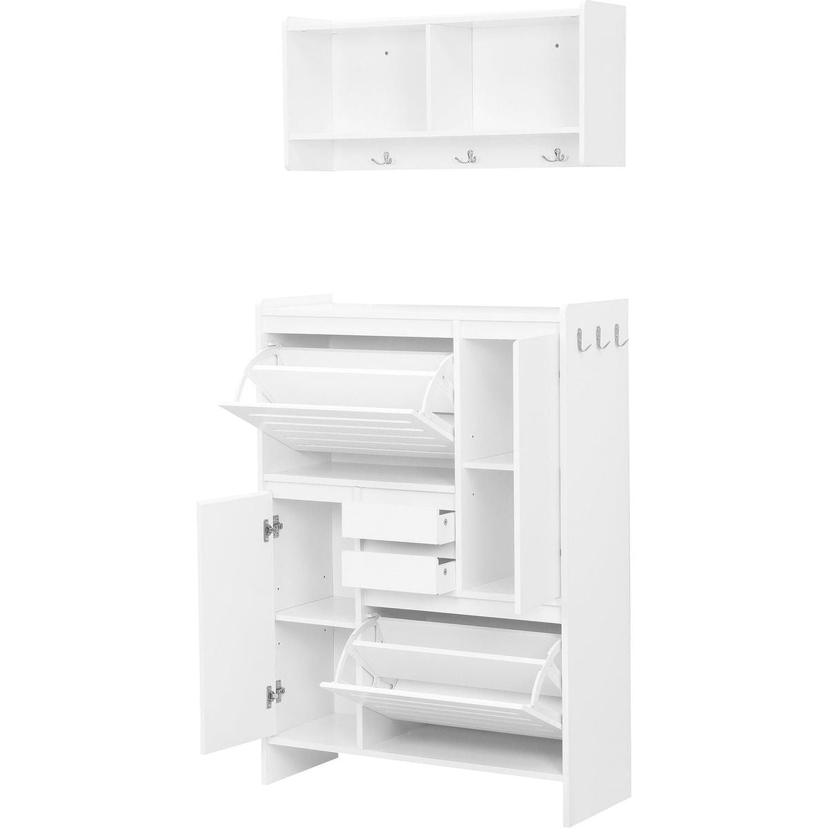 Multi-Functional Shoe Cabinet with Wall Cabinet, Space-saving Design Foyer Cabinet with 2 Flip Drawers, Versatile Side Cabinet for Hallway, White