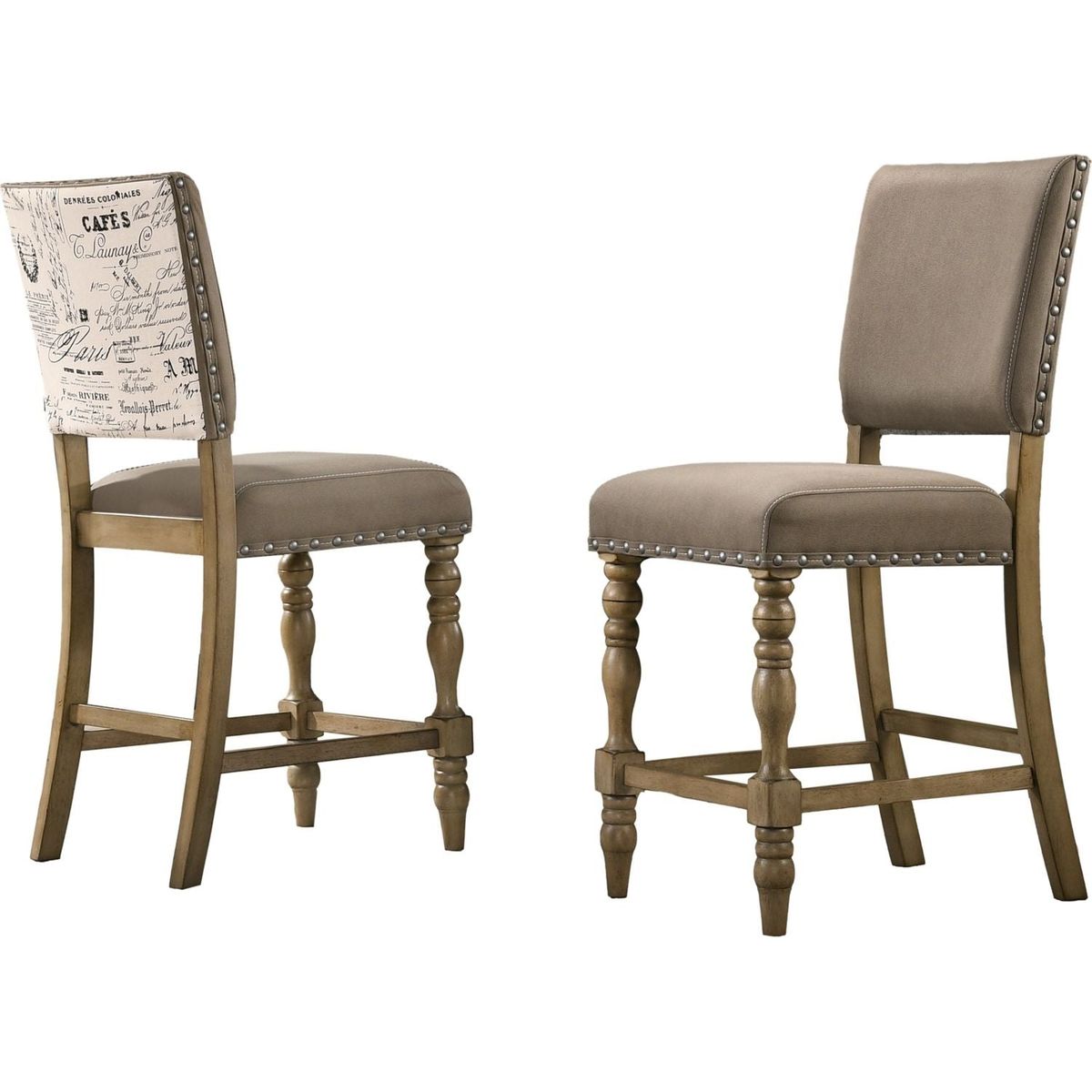 Birmingham Script Printed Driftwood Finish Counter Height Dining Chair with Nail head, Set of 2