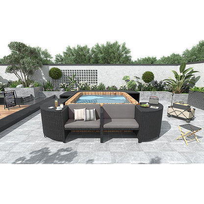Spa Surround Spa Frame Quadrilateral Outdoor Rattan Sectional Sofa Set with Mini Sofa, Wooden Seats and Storage Spaces, Grey