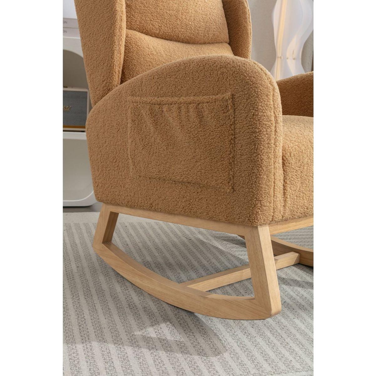 Teddy Fabric Rocking Chair With Packet Wood Legs,Khaki