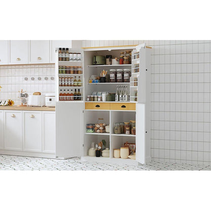[Assembly Video Provided]40.2x20x71.3inch High Freestanding Kitchen Pantry Large Cupboard Storage Cabinet with 2 Drawers, 2 Adjustable Shelves, 8 Door Shelves for Kitchen, Dining Room,White