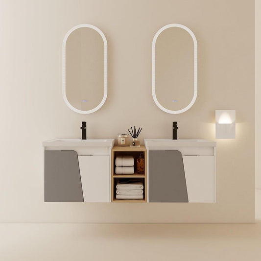 60 Inch Wall-Mounted Bathroom Vanity With Sink,, and A Small Storage Shelves (KD-Packing)