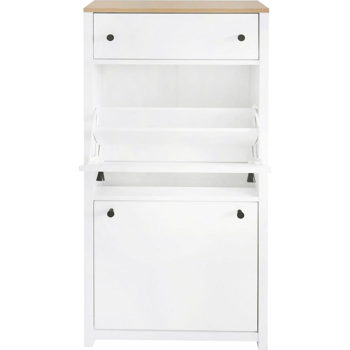 Slim Shoe Cabinet Set with 4 Flip Drawers, Wood Grain Pattern Top Shoe Storage Solution with Adjustable Panel, Modern Style Shoe Rack with Drawers for Hallway, White