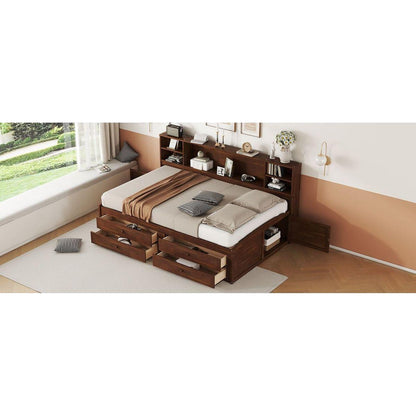 Full Size Wooden Captain Bed with Built-in Storage Shelves, 4 Drawers and 2 Cabinets, Antique Brown