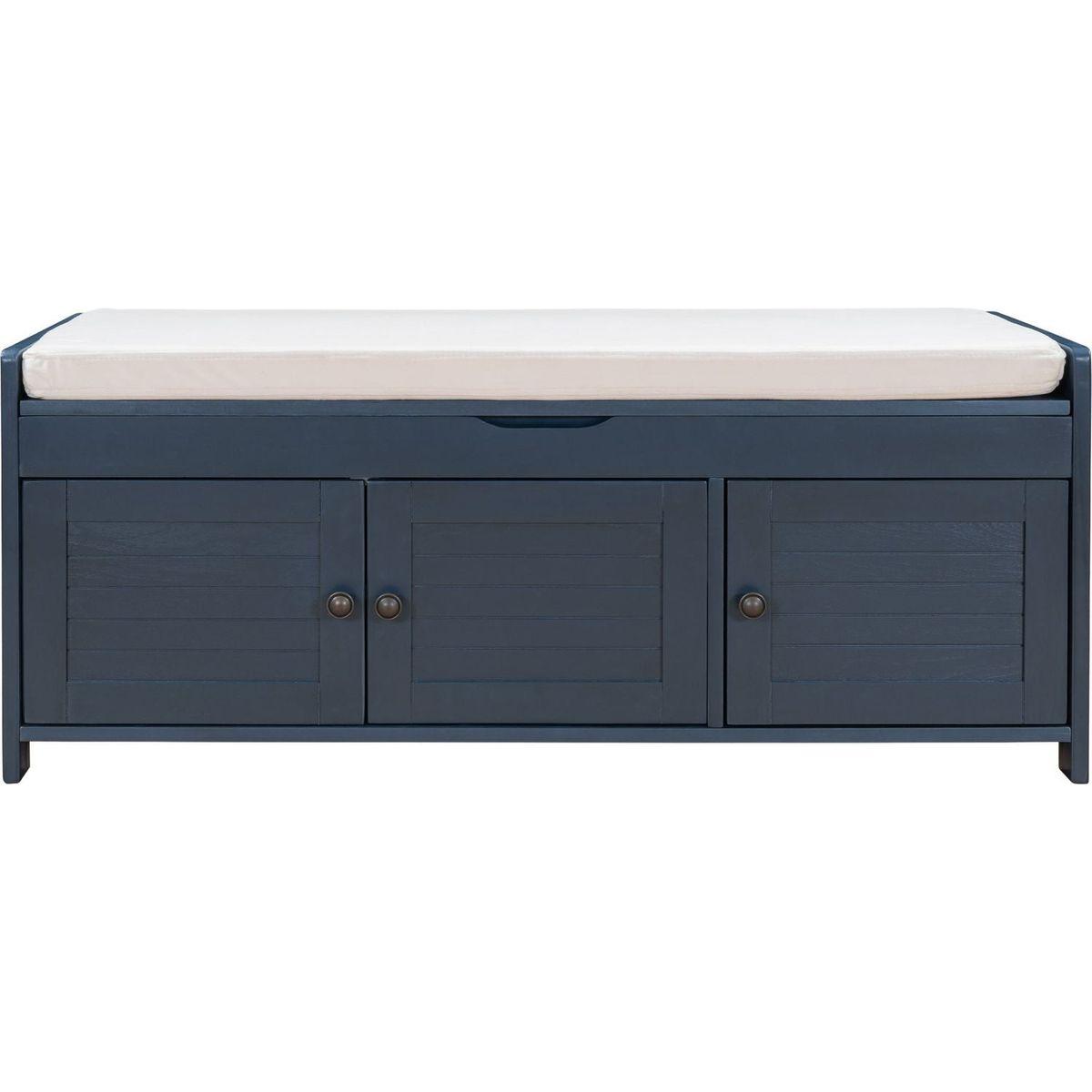 Storage Bench with 3 Shutter-shaped Doors, Shoe Bench with Removable Cushion and Hidden Storage Space (Antique Navy