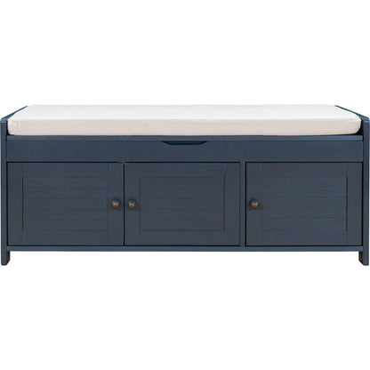Storage Bench with 3 Shutter-shaped Doors, Shoe Bench with Removable Cushion and Hidden Storage Space (Antique Navy