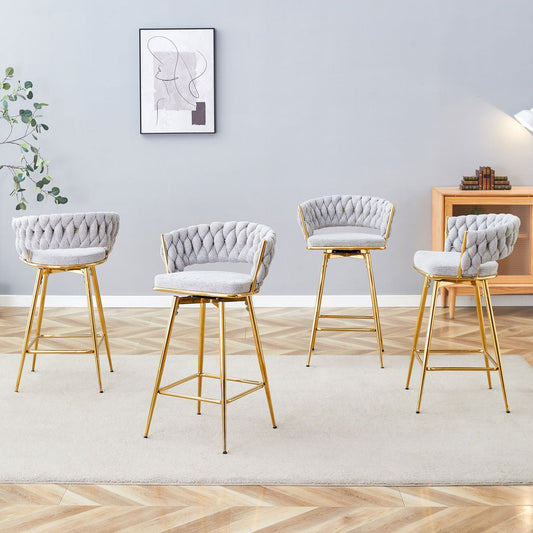 A set of 4 rotating bar stools, equipped with breathable linen cushions - beige seats with golden metal legs, suitable for the height of the kitchen island, dining table or bar counter