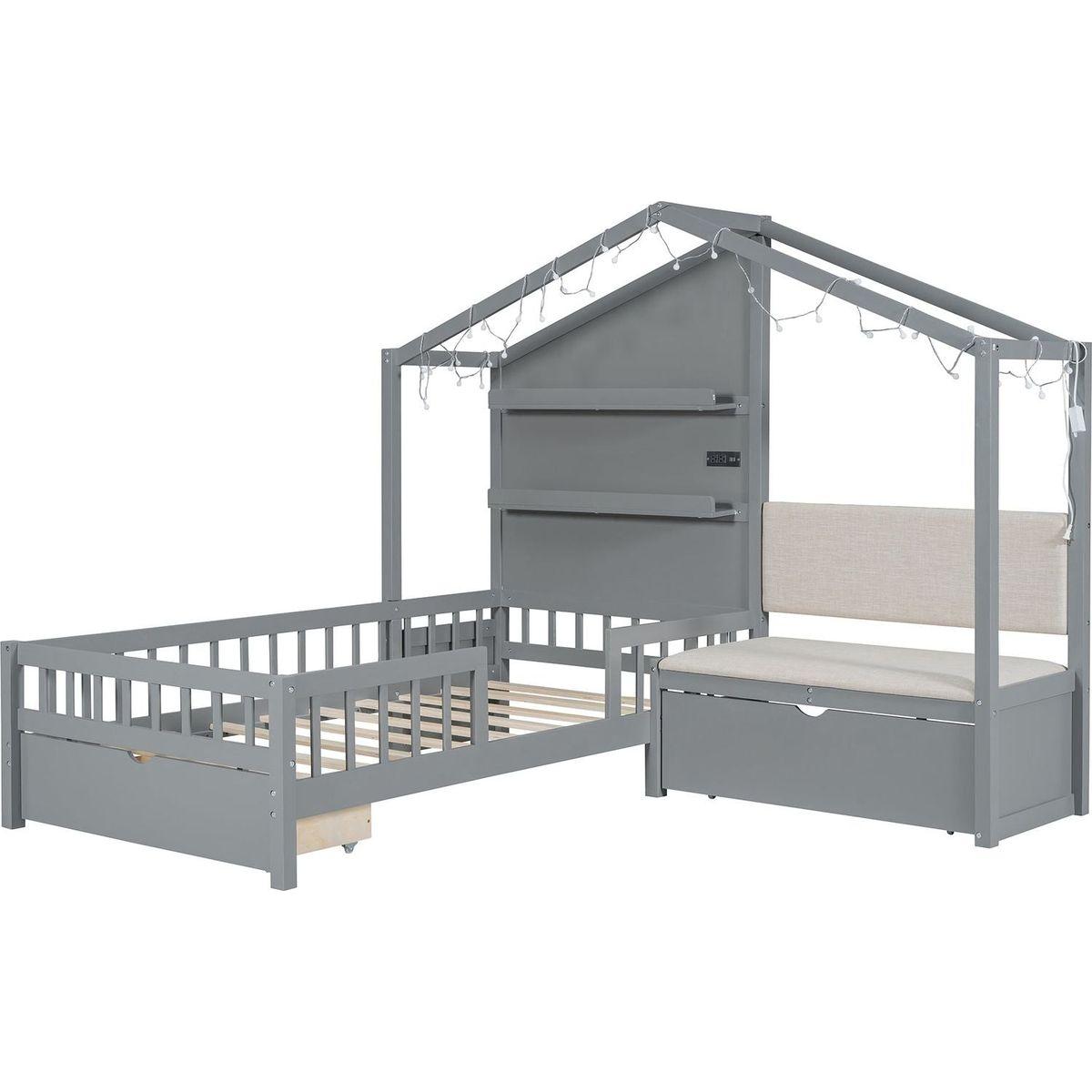Twin Size House Bed with Upholstered Sofa, House Bed with Charging Station, Wireless Charging, Shelves and Two Drawers, Gray
