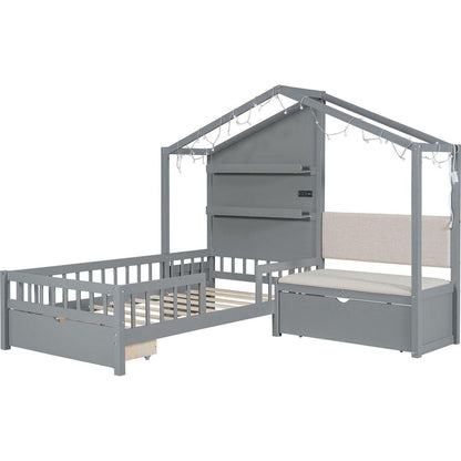 Twin Size House Bed with Upholstered Sofa, House Bed with Charging Station, Wireless Charging, Shelves and Two Drawers, Gray
