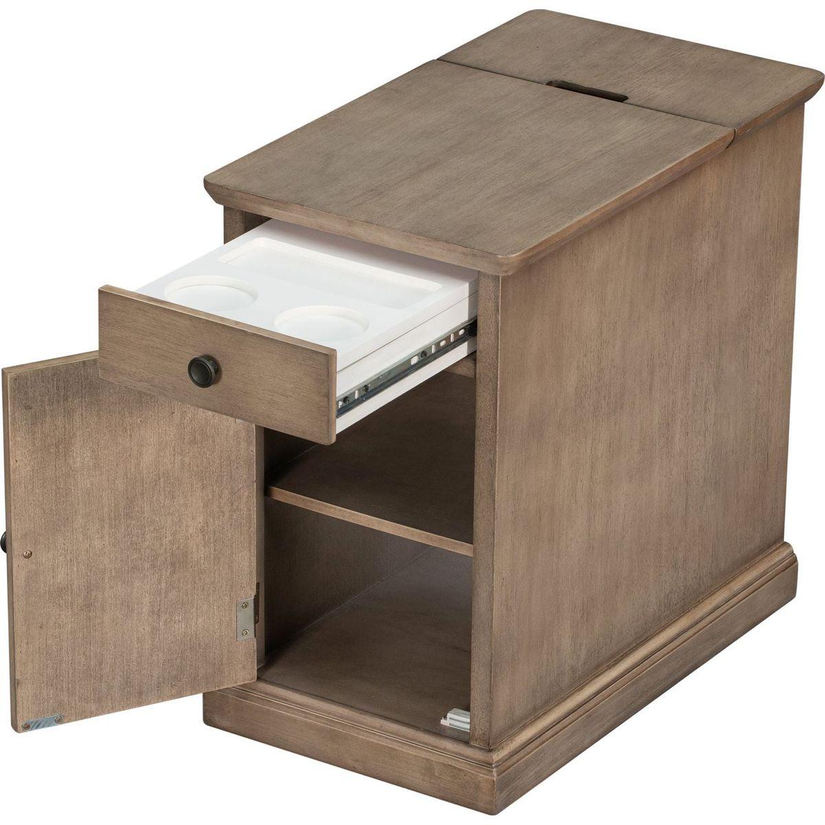 Classic Vintage Livingroom End Table Side Table with USB Ports and One Multifunctional Drawer with cup holders, Antique Brown