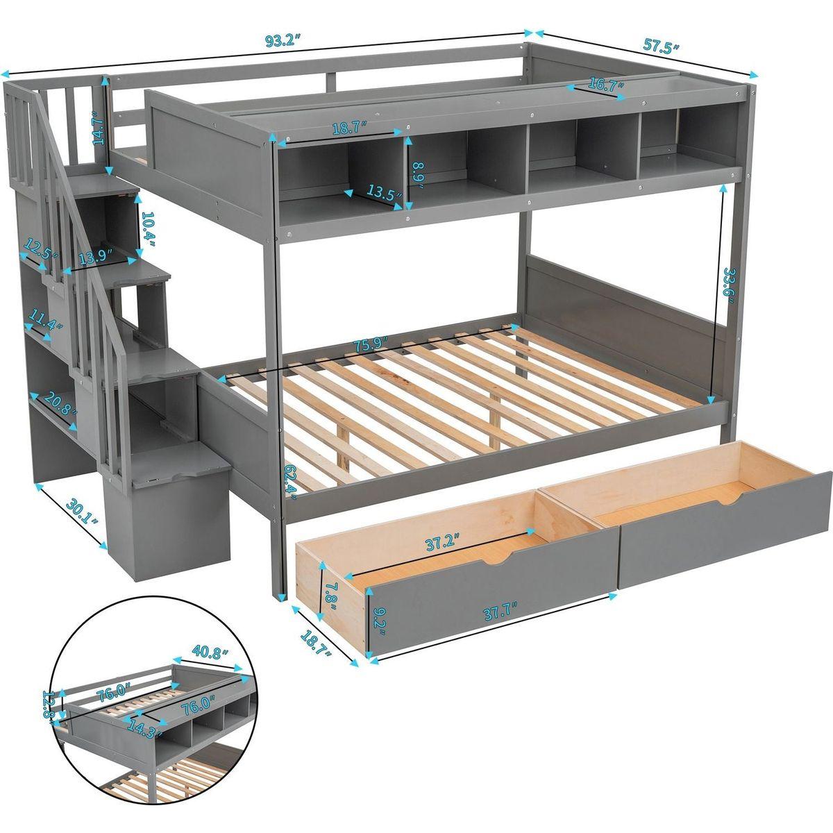 Twin over Full Bunk Bed with Shelfs, Storage Staircase and 2 Drawers, Gray