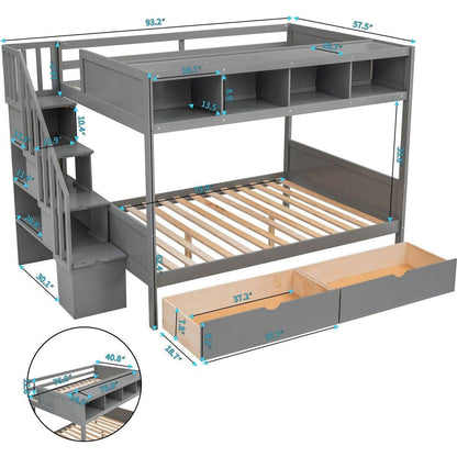 Twin over Full Bunk Bed with Shelfs, Storage Staircase and 2 Drawers, Gray