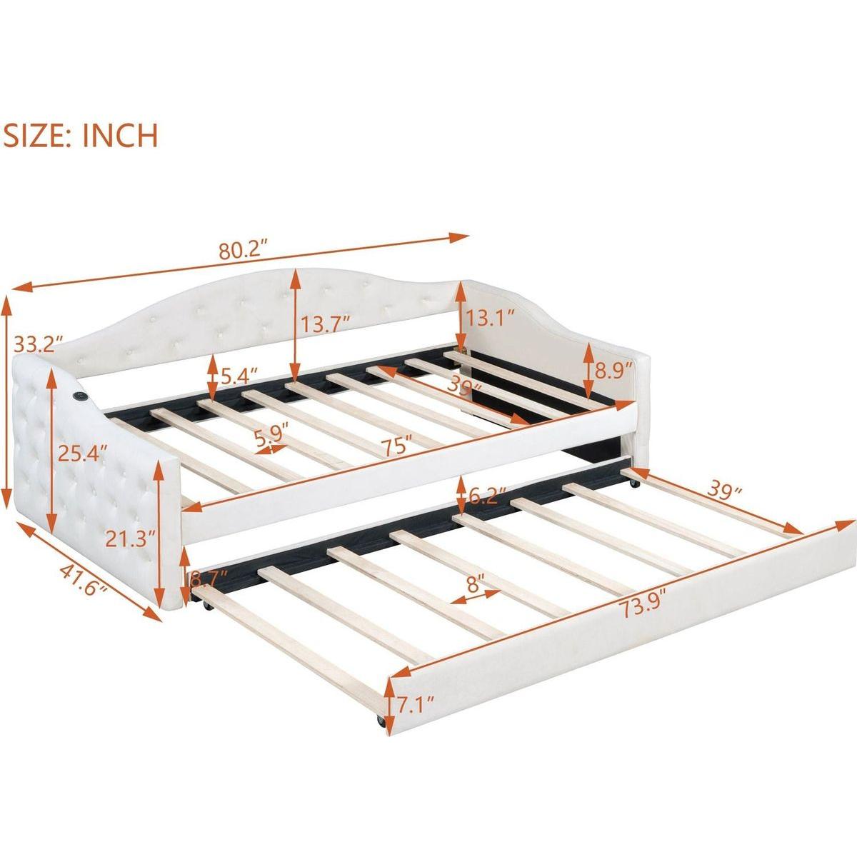 Twin Size Tufted Upholstered Daybed with Trundle, Velvet Sofabed with USB&Type-C Charging Ports,No Box-spring Needed, Beige
