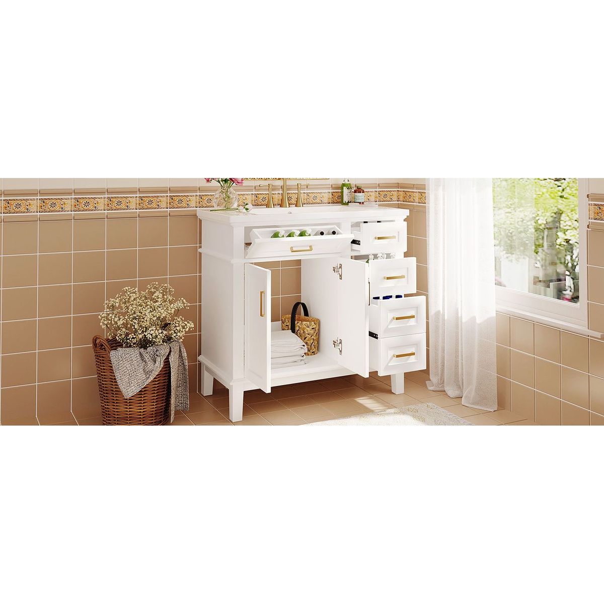 36-inch Bathroom Vanity with Resin Sink, Modern Bathroom Cabinet in White,Featuring Two Soft Close Doors and Four Drawers