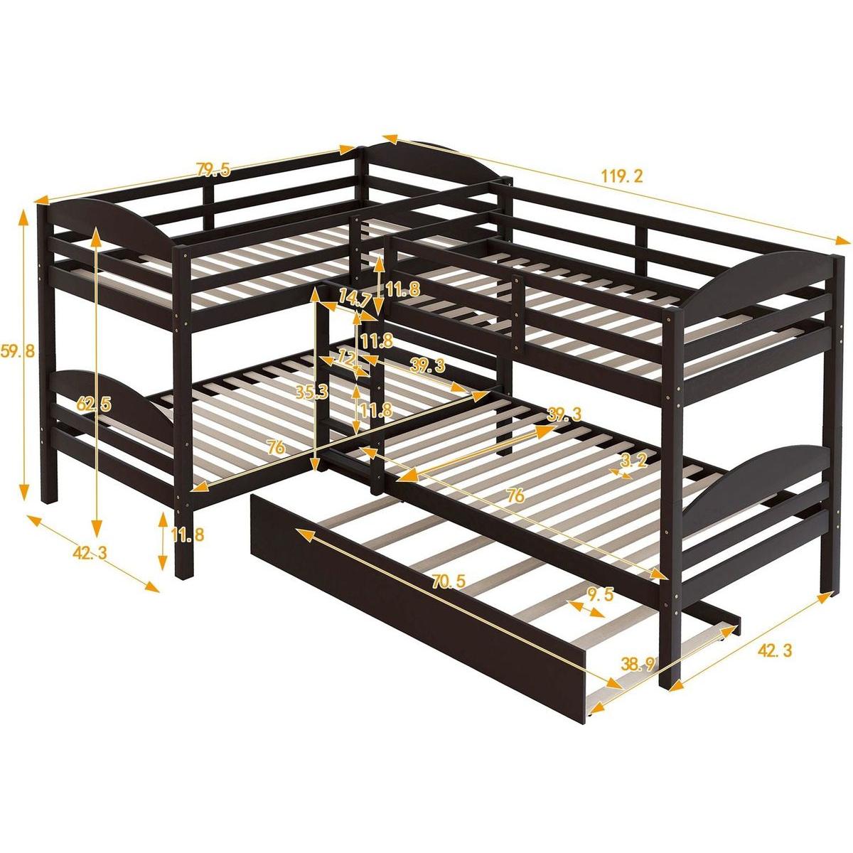 Twin L-Shaped Bunk bed with Trundle-Espresso{O
