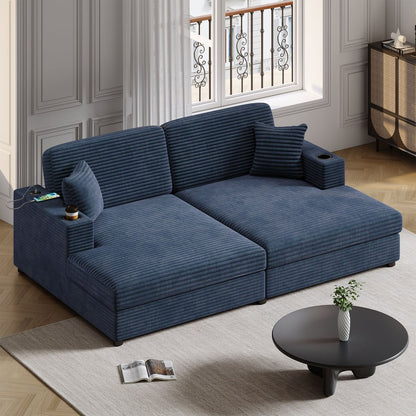 86.5' Oversized Loveseat Chaise Lounge Sectional Sofa Bed Corduroy Sleeper Sofa with Two USB Ports , Two Cup Holders and Two Throw Pillows for Living Room and Bedroom, Blue