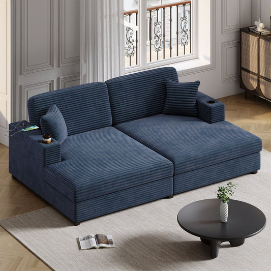 86.5' Oversized Loveseat Chaise Lounge Sectional Sofa Bed Corduroy Sleeper Sofa with Two USB Ports , Two Cup Holders and Two Throw Pillows for Living Room and Bedroom, Blue