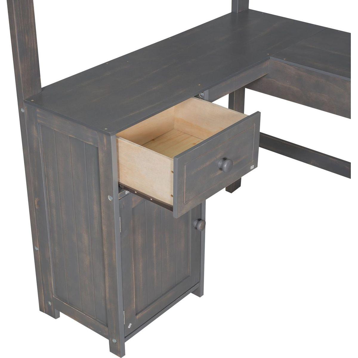 Twin Size Loft Bed with U-shaped Desk, Drawers and Storage Shelves, Antique Brown