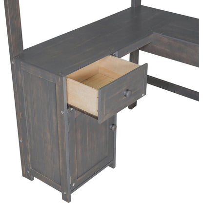 Twin Size Loft Bed with U-shaped Desk, Drawers and Storage Shelves, Antique Brown